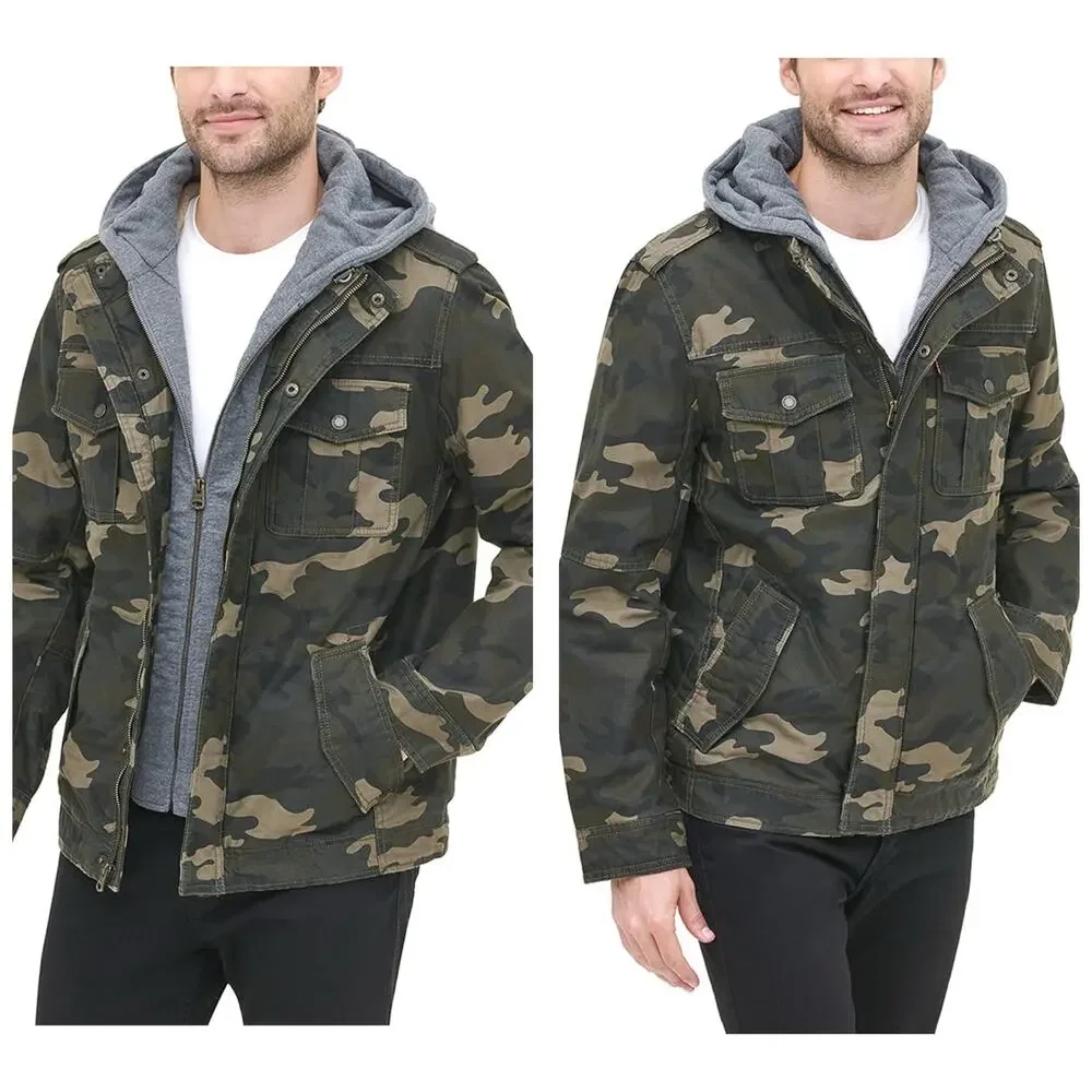 Levi's Men's Washed Cotton Hooded Military Jacket Size Small Camouflage Dickie